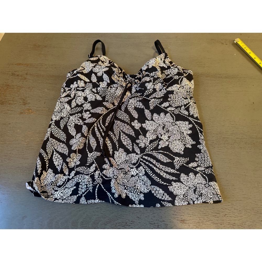 Lands End Womens Size 12 Black White Floral Paisley Tankini Swim Top Adjustable